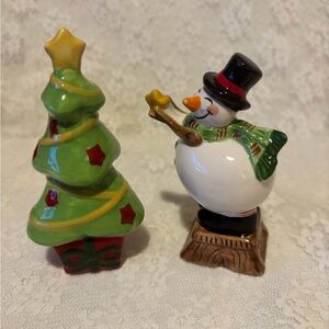 Ceramic Christmas Tree and Snowman Holiday Salt & Pepper Shakers by Fitz & Floyd